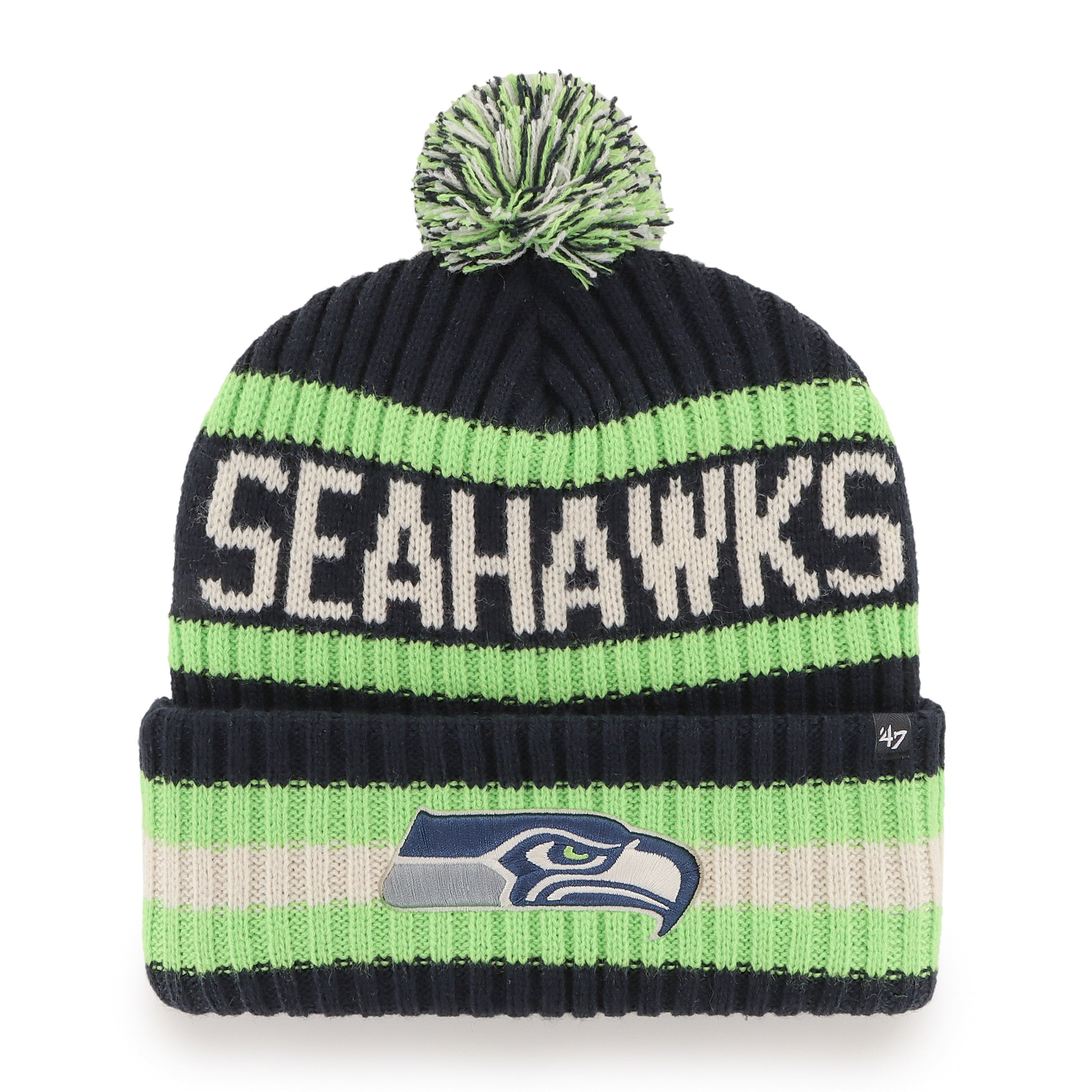 47 Brand New Seattle Seahawks Knit Bering Toque Beanie Hat - Green/Navy Striped