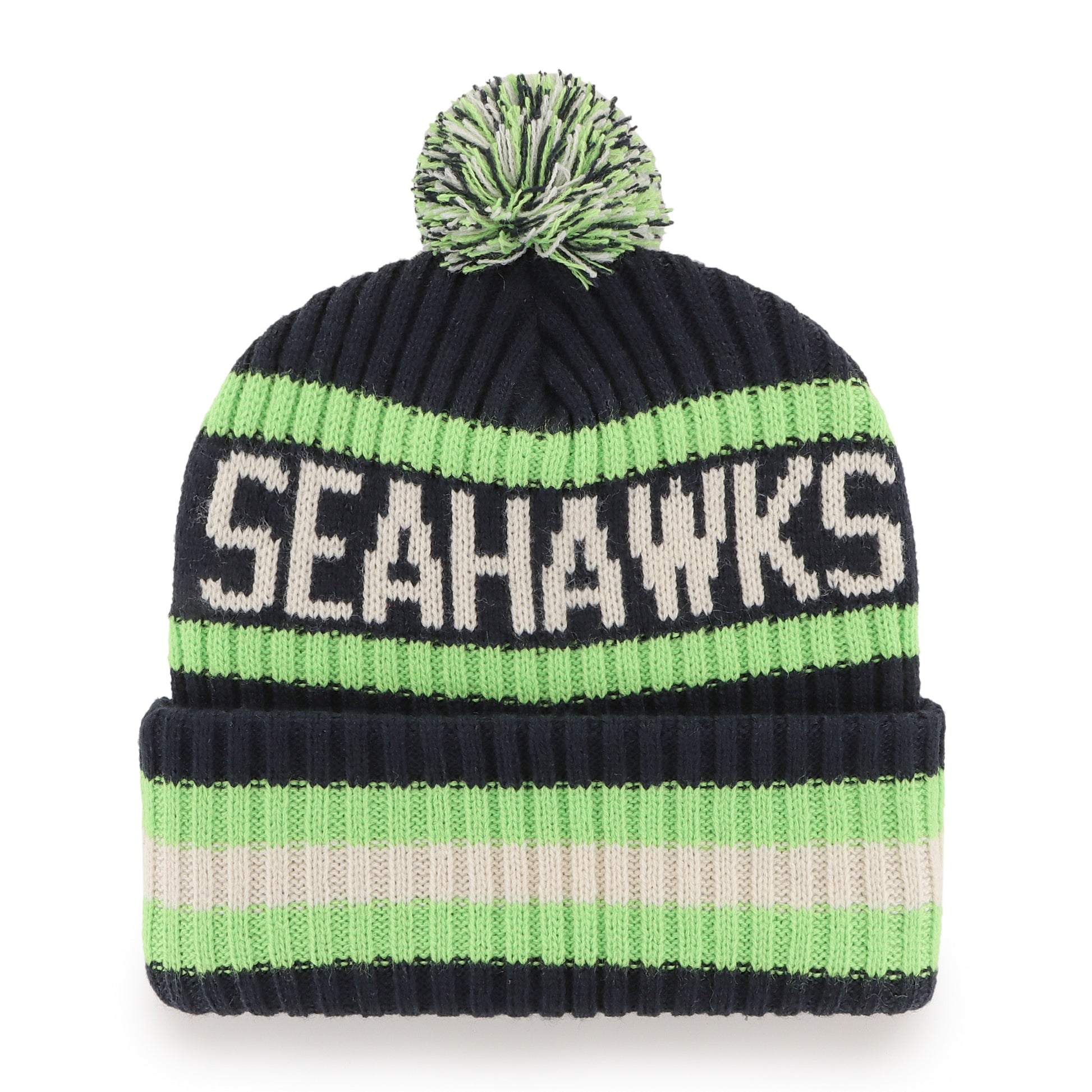 47 Brand New Seattle Seahawks Knit Bering Toque Beanie Hat - Green/Navy Striped