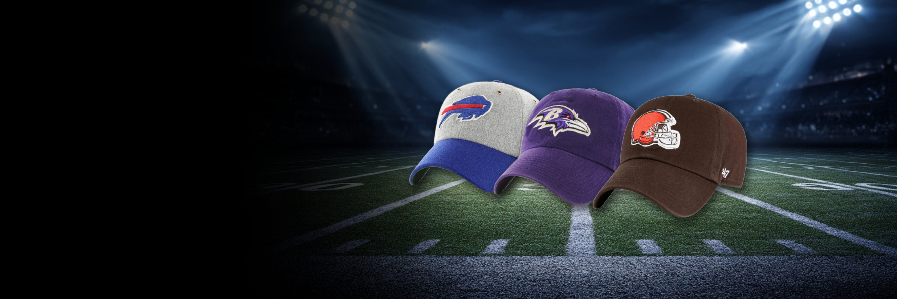 Three baseball caps with NFL team logos are displayed against a dark football field stadium background with spotlights. The caps are blue and white (Buffalo Bills), purple (Pittsburgh Ravens), and brown (Cleveland Browns).